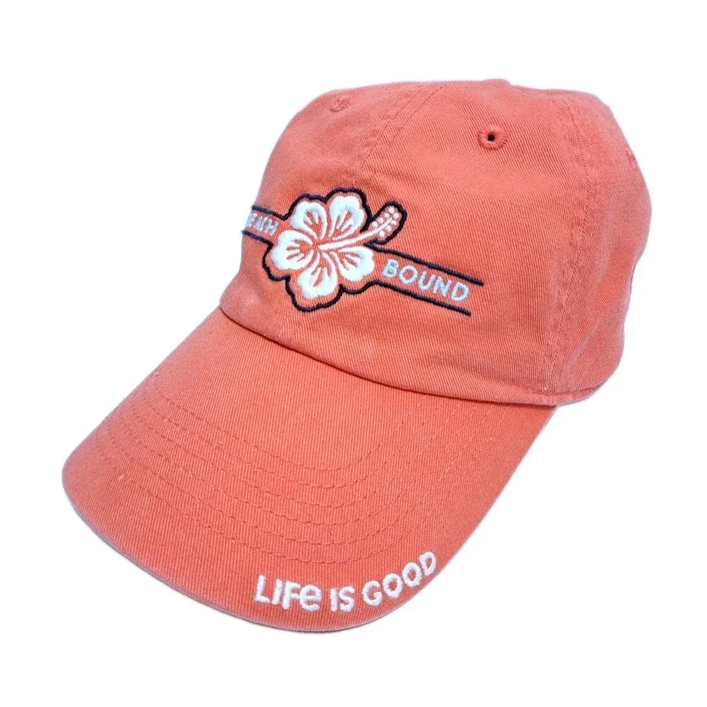 LIFE IS GOOD Hibiscus Tropical Beach Bound Coral Hat Floral Vacation Cap
